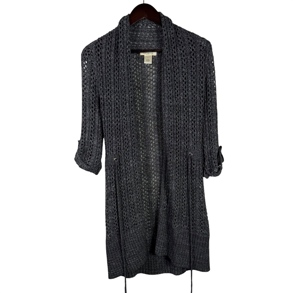 Arden B Open-Knit Long Cardigan Drawstring‎ Waist Size S Gray Duster Sweater